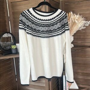 CeCe Black and White Fair Isle Crew Neck Sweater